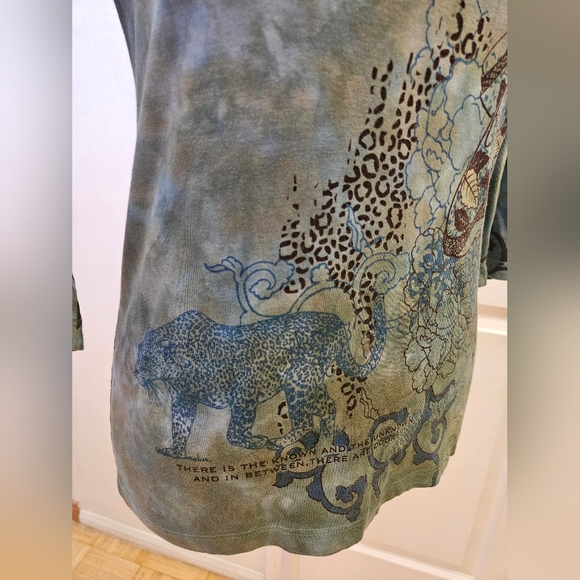 NEW Y2K GLIMA Green Blue Tie Dye Printed Jaguar 3/4 Sleeve Cotton Blouse Top S - Picture 5 of 7